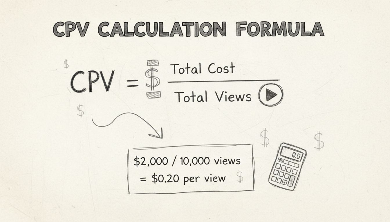 CPV calculation formula diagram showing Total Cost divided by Total Views equals CPV per view
