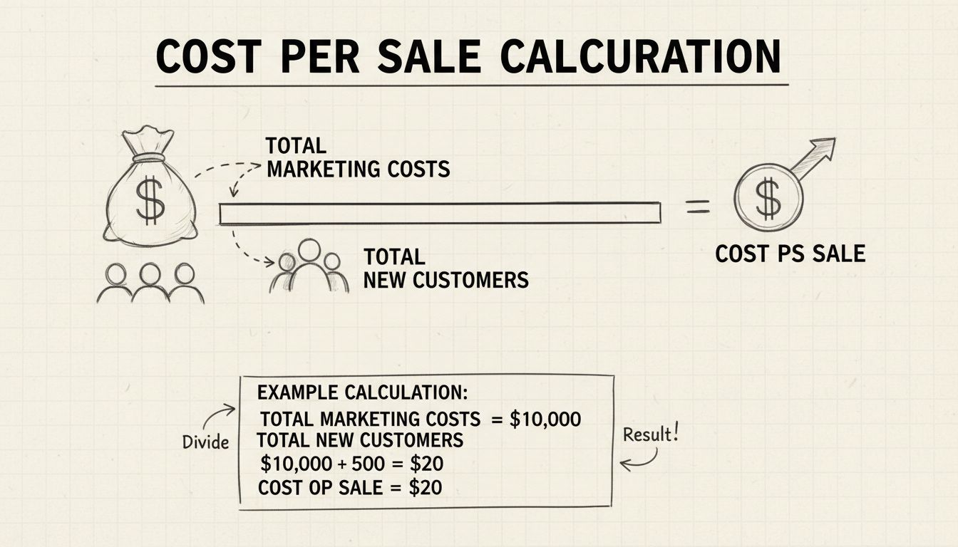 Hand-drawn diagram showing cost per sale calculation formula with marketing costs divided by customers