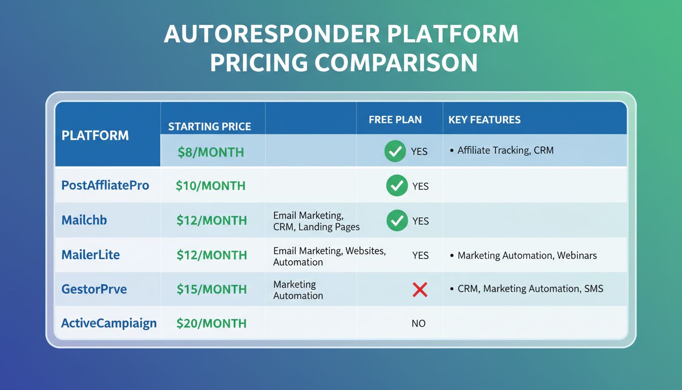 Autoresponder pricing comparison chart showing costs from $7-$20 per month for popular platforms