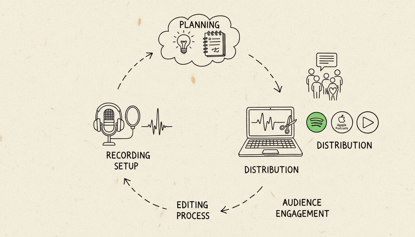 Hand-drawn sketch diagram showing podcast production workflow from planning through recording, editing, distribution to platforms, and audience engagement