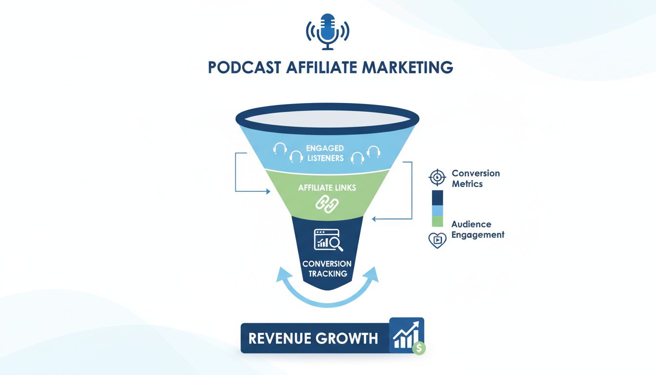 Podcast affiliate marketing benefits infographic showing conversion funnel and engagement metrics