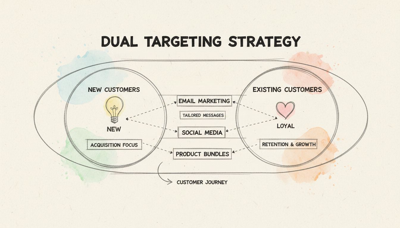 Hand-drawn diagram showing dual customer targeting strategy with new and existing customer segments, marketing channels, and product bundles