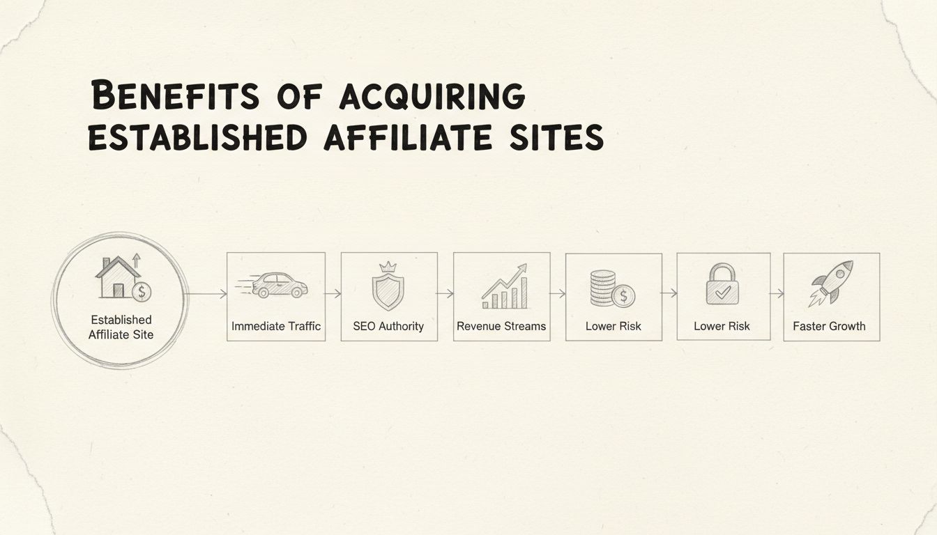 Benefits of Acquiring Established Affiliate Sites - Hand-drawn diagram showing immediate traffic, SEO authority, revenue streams, lower risk, and faster growth