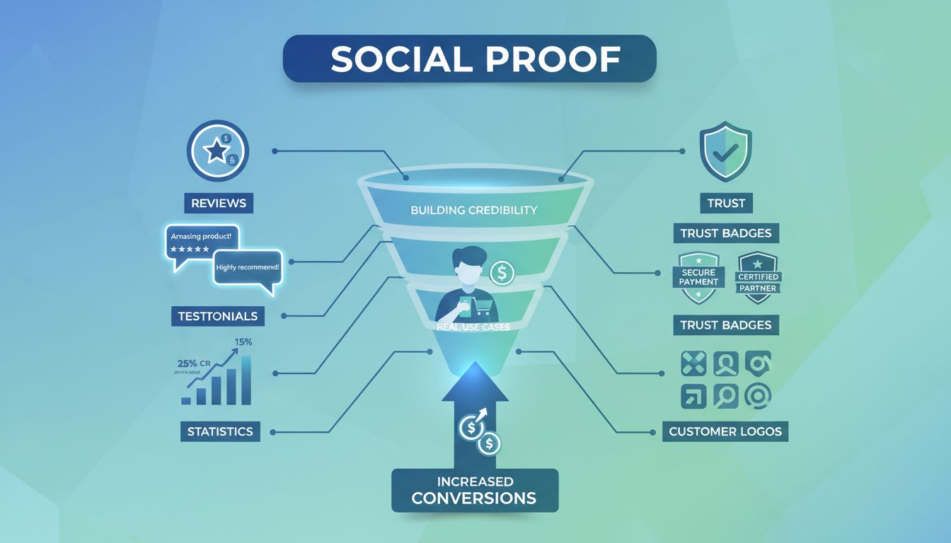 Social proof elements for affiliate marketing including testimonials, reviews, statistics, and trust badges
