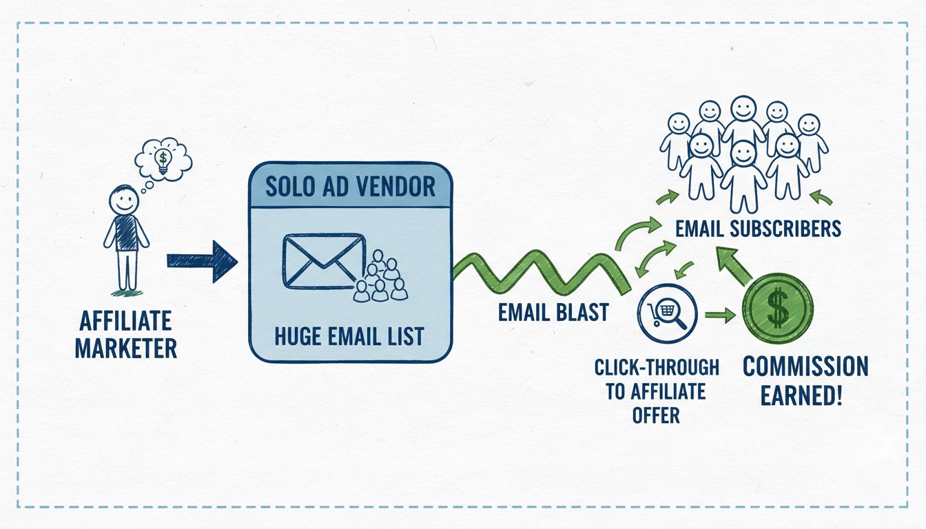 Solo ads workflow diagram showing affiliate marketer, vendor, email list, and commission flow