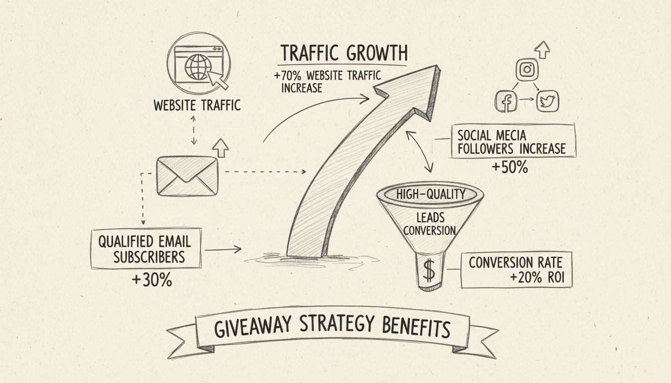 Giveaway strategy benefits infographic showing traffic growth, email list building, social followers, and lead conversion metrics