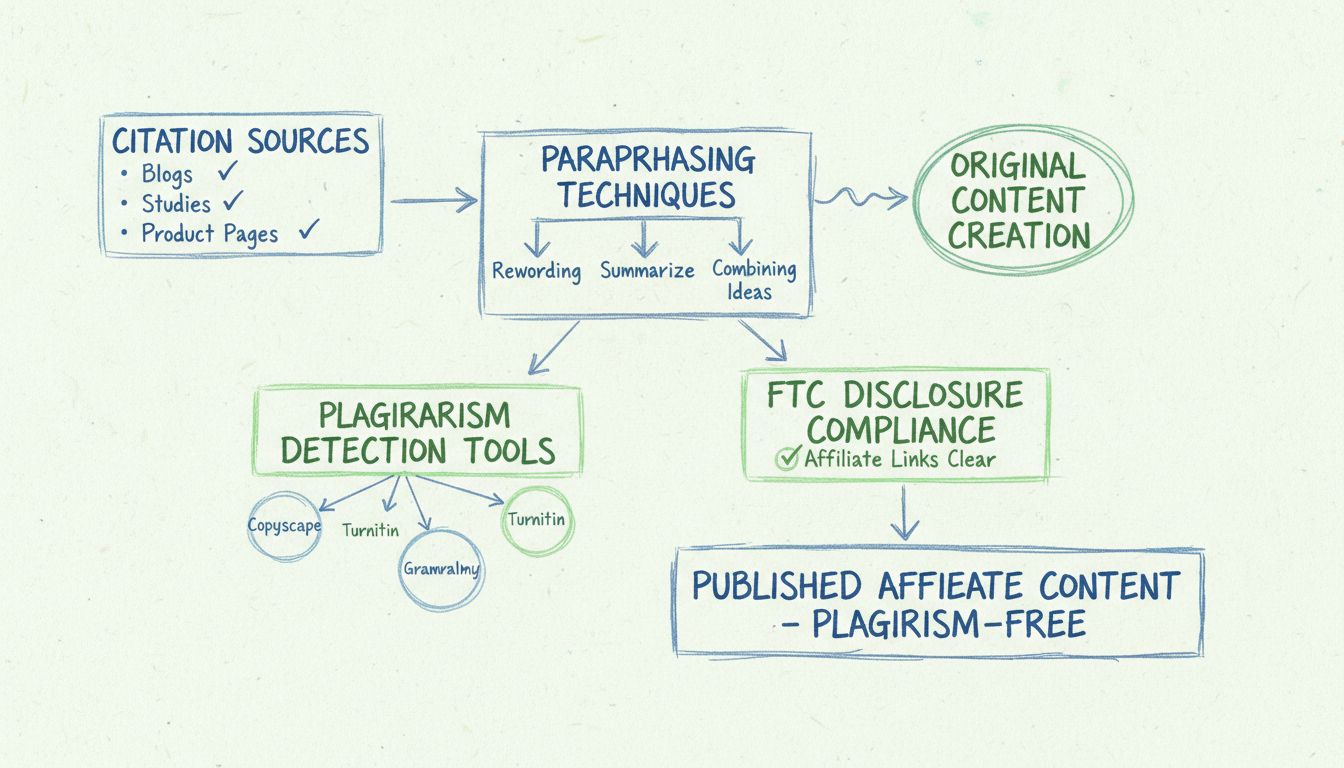 Plagiarism prevention workflow diagram showing citation sources, paraphrasing techniques, plagiarism detection tools, and FTC compliance steps