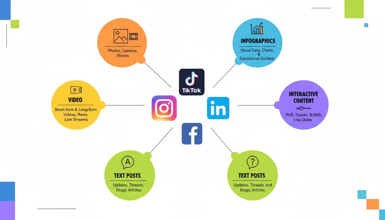 Infographic showing different social media content formats including video, images, infographics, text posts, and interactive content on multiple social media platforms