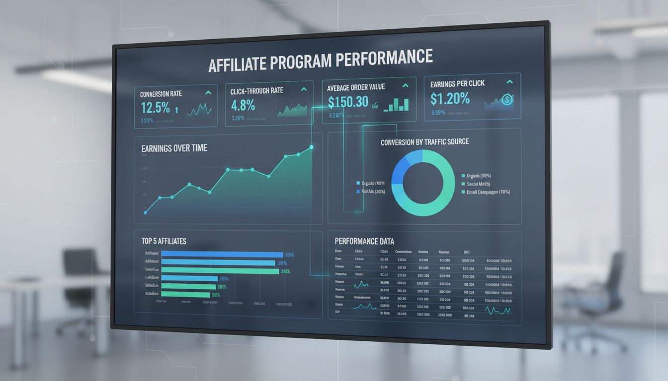 Professional affiliate program analytics dashboard showing KPI metrics, conversion rates, ROI, and performance indicators
