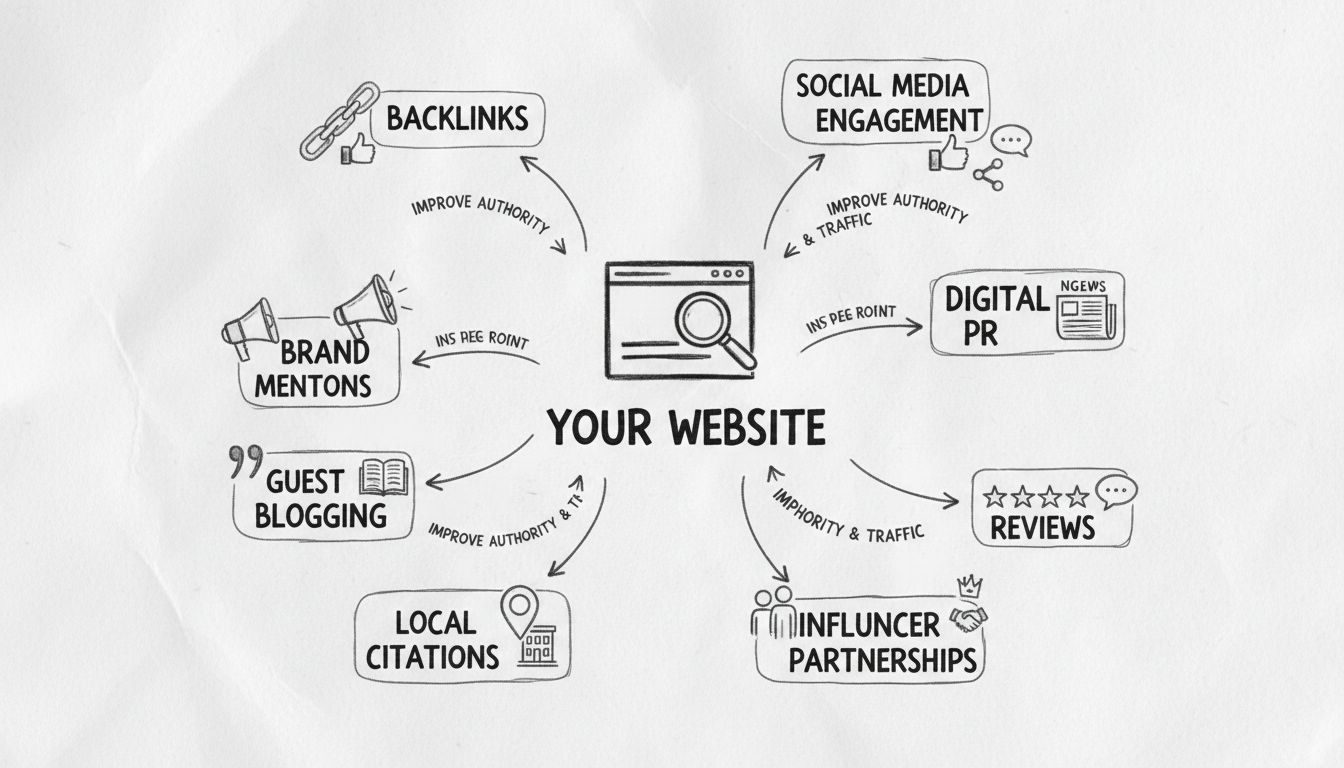 Hand-drawn diagram showing off-page SEO elements including backlinks, social media engagement, brand mentions, digital PR, local citations, influencer partnerships, guest blogging, and reviews connected to a central website
