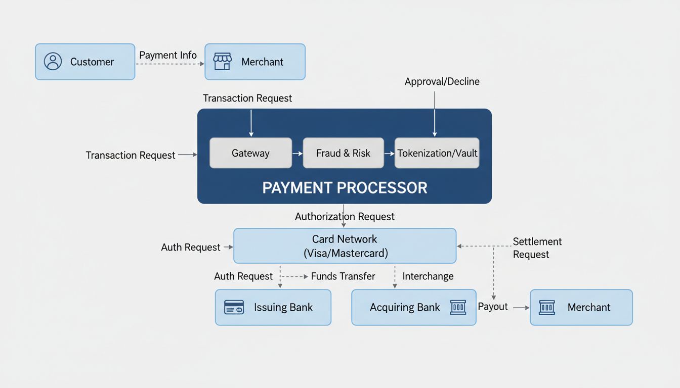 Payment processor ecosystem diagram showing flow between customer, merchant, payment processor, card networks, issuing bank, and acquiring bank
