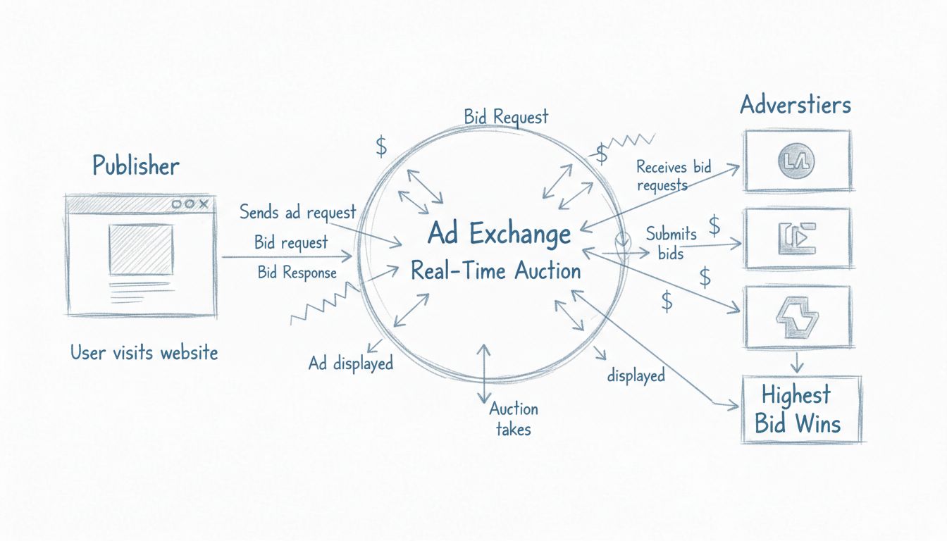 RTB Real-Time Bidding workflow diagram showing publisher, ad exchange, and advertisers competing in real-time auction
