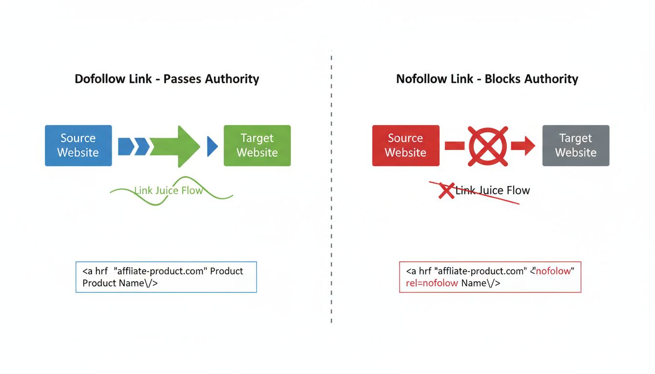 Technical diagram showing the difference between nofollow and dofollow links in affiliate marketing with green arrow for dofollow passing authority and red blocked arrow for nofollow