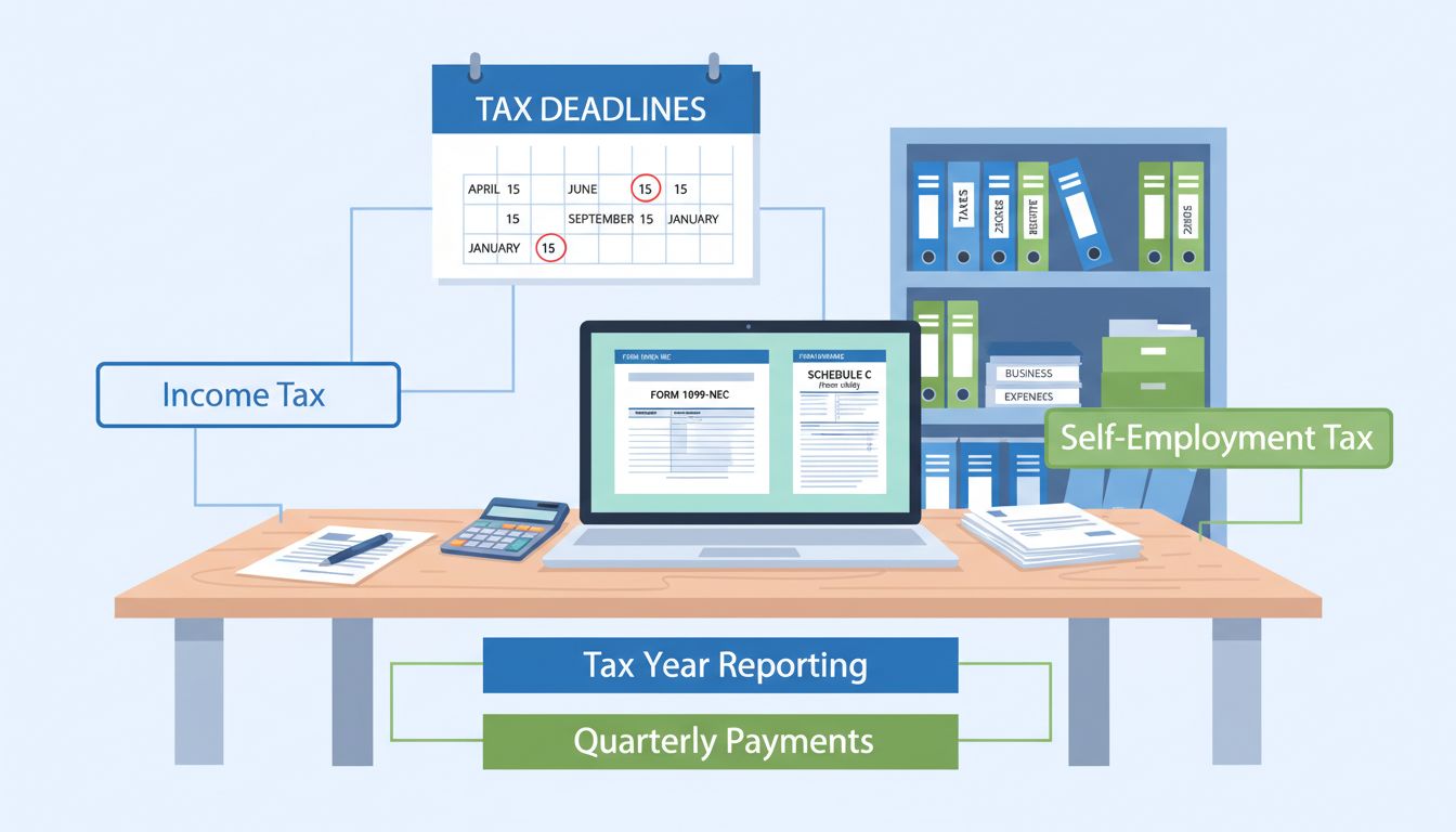 Tax compliance desk with forms, calculator, and tax deadline calendar for affiliate marketers