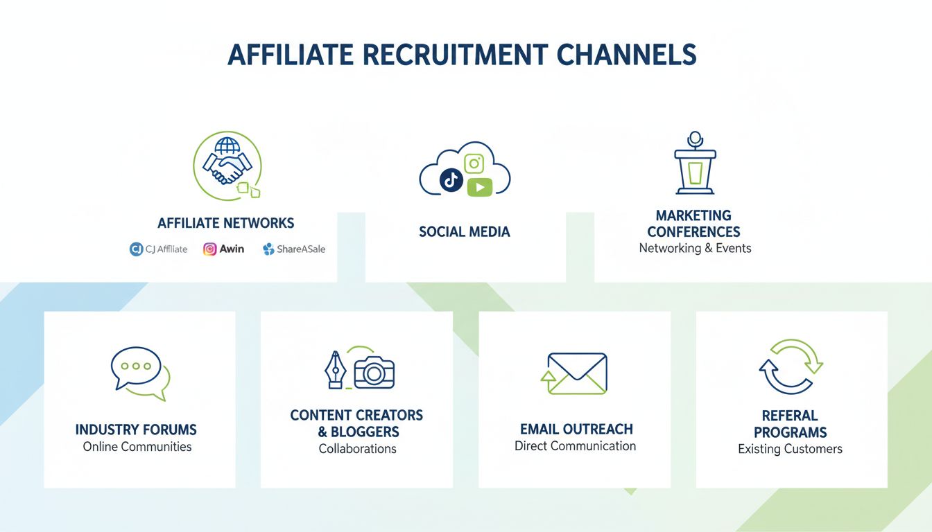 Infographic showing multiple channels for finding affiliates including affiliate networks, social media, conferences, forums, content creators, email outreach, and referral programs