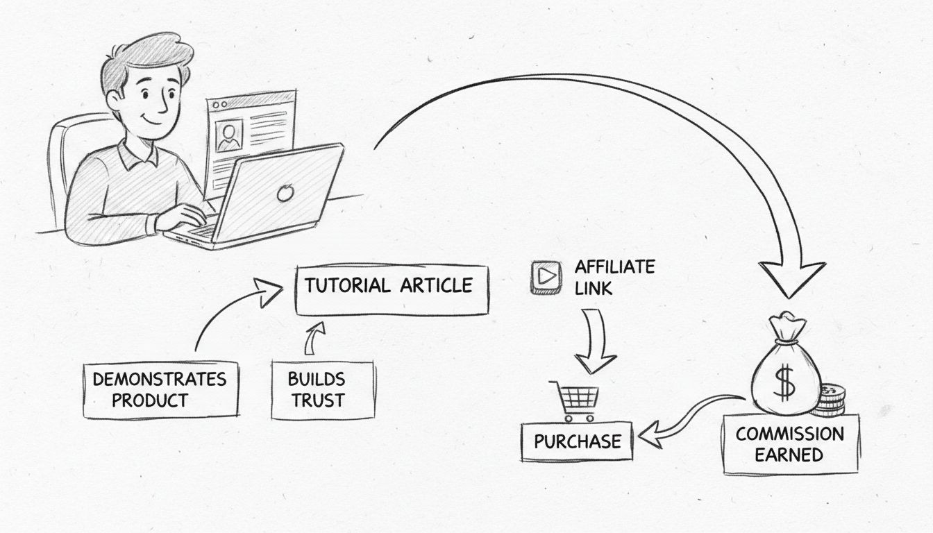 Hand-drawn diagram showing tutorial article flow to affiliate commission: reader learns from tutorial, clicks affiliate link, makes purchase, earns commission