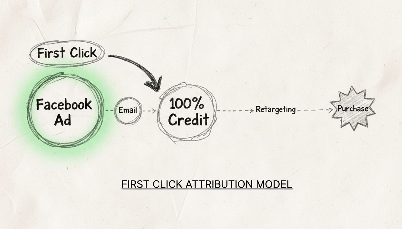 First click attribution model diagram showing customer journey with multiple touchpoints and 100% credit assigned to first click
