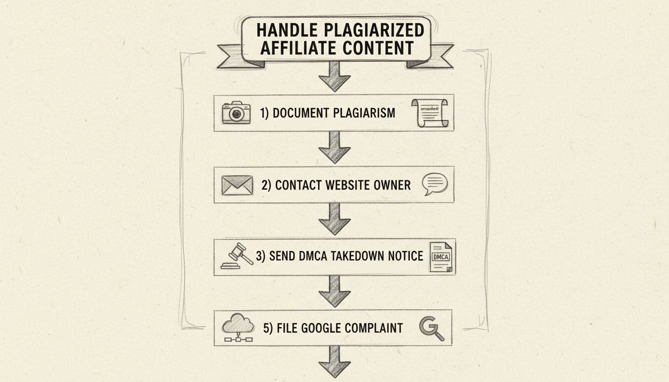 Flowchart showing the step-by-step process for handling plagiarized affiliate content including documentation, contact, DMCA notice, hosting provider notification, and Google complaints