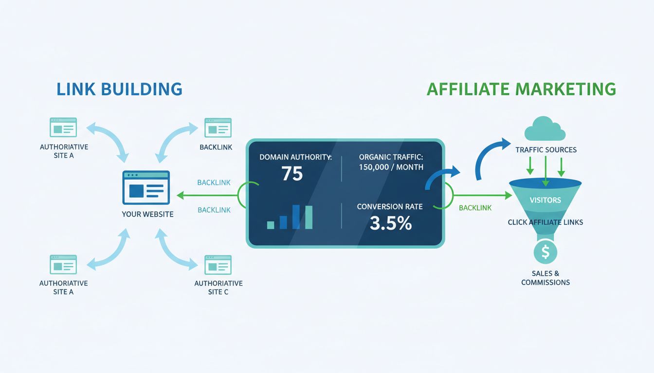 Link building and affiliate marketing connection diagram showing backlinks, traffic flow, and metrics dashboard