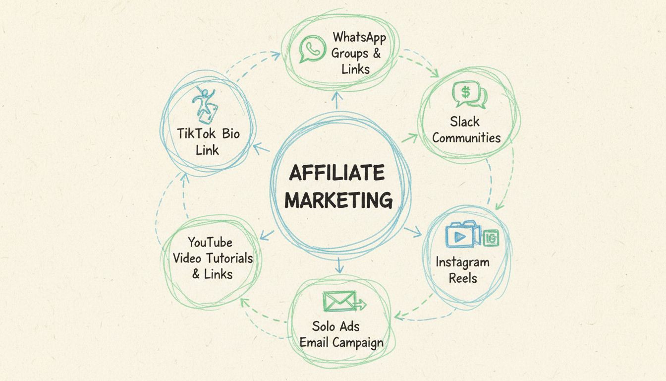 Hand-drawn diagram showing non-standard affiliate marketing methods including TikTok, WhatsApp, Slack, solo ads, YouTube tutorials, and Instagram Reels arranged in circular flow