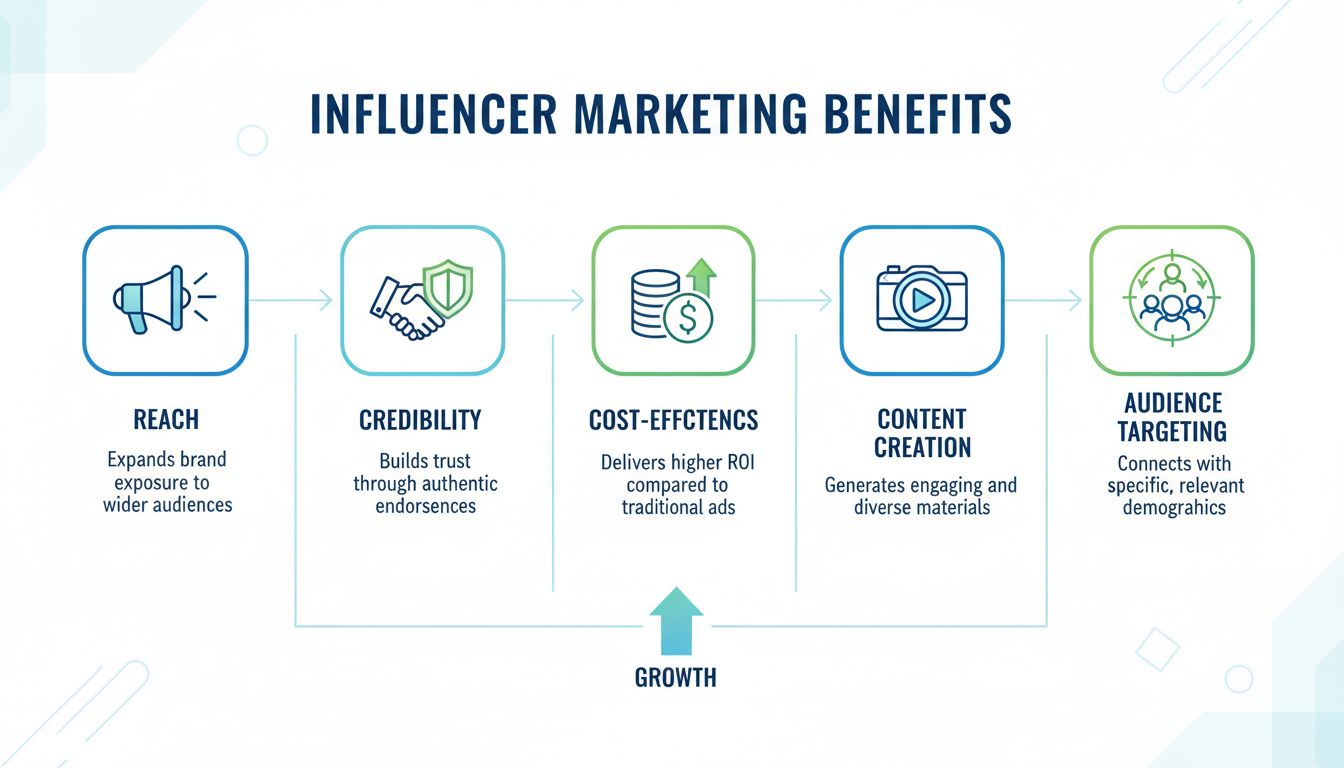 Infographic showing the five main benefits of influencer partnerships: expanded reach, enhanced credibility, cost-effective marketing, engaging content creation, and targeted audience engagement