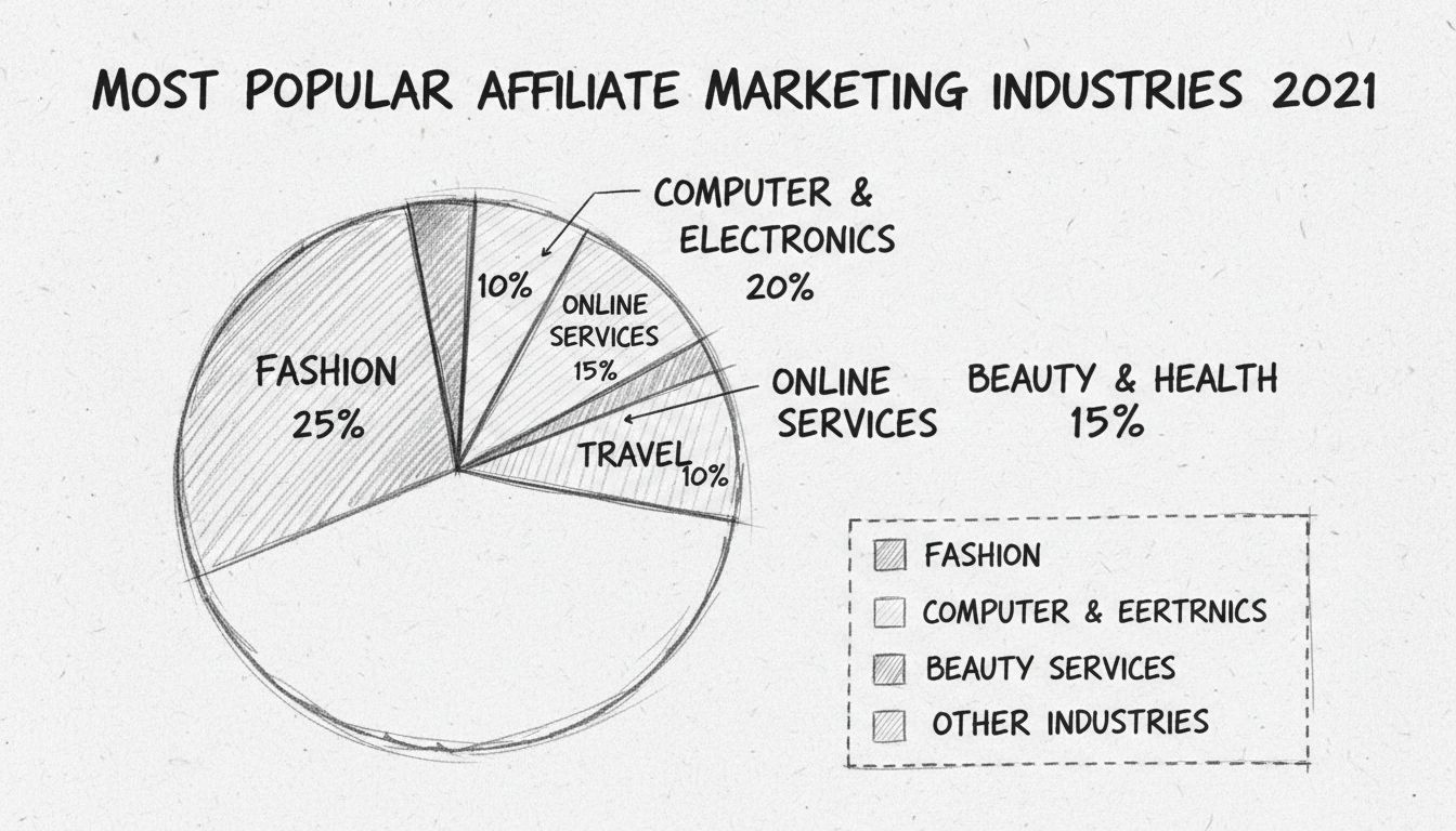 Hand-drawn pie chart showing affiliate marketing industry breakdown in 2021 with Fashion at 25%, Computer and Electronics at 20%, Online Services at 15%, Beauty and Health at 15%, Travel at 10%, and Other Industries at 15%