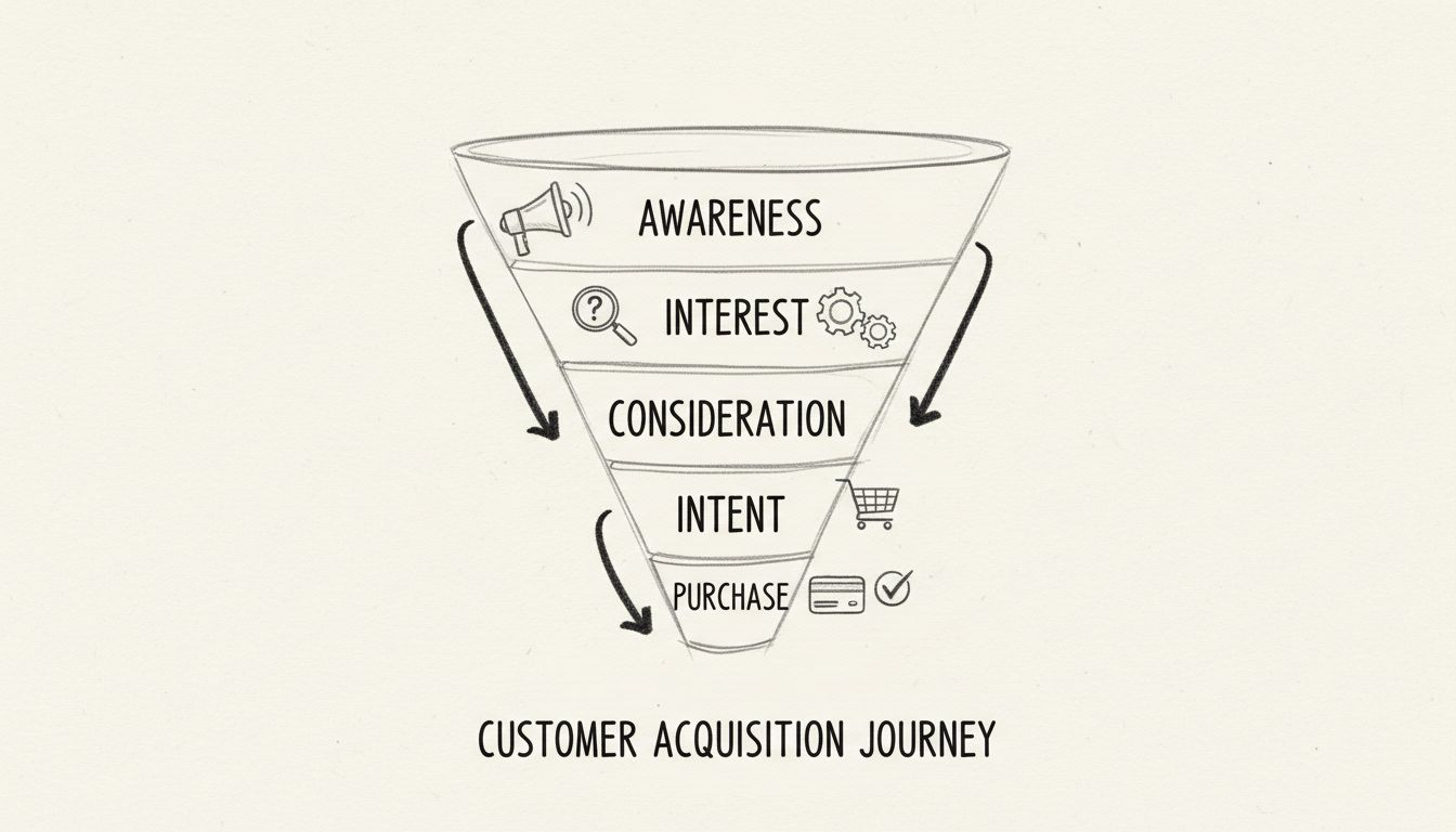 Customer Acquisition Funnel Diagram showing five stages: Awareness, Interest, Consideration, Intent, and Purchase with progression arrows