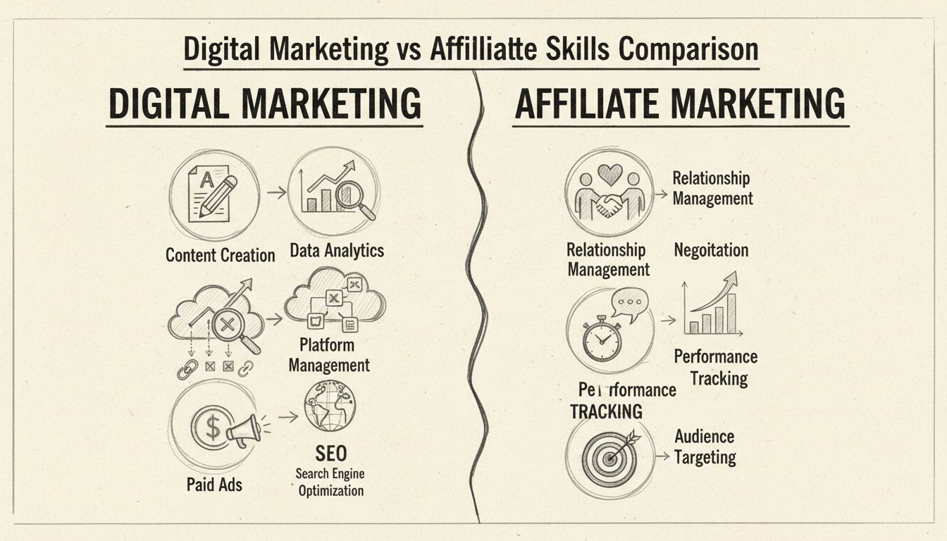 Hand-drawn diagram comparing digital marketing vs affiliate marketing skills with icons for content creation, data analytics, platform management, relationship management, negotiation, and performance tracking