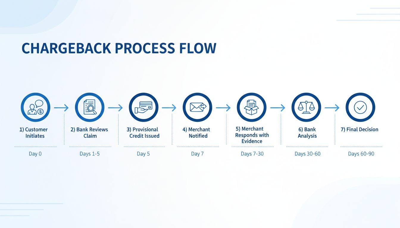Chargeback process timeline showing 7 stages from customer dispute initiation to final decision over 90 days