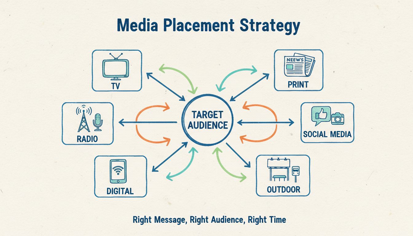 Media Placement Strategy showing different advertising channels connected to target audience