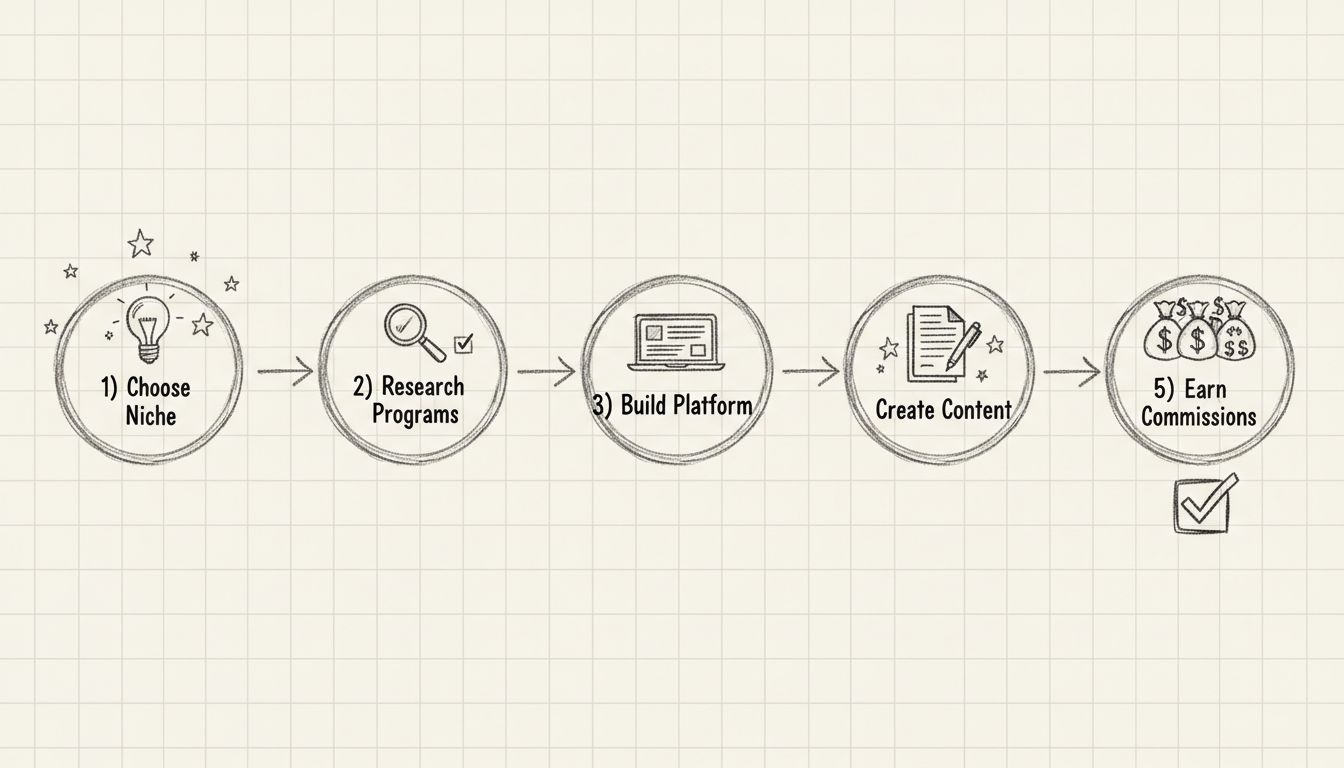 Beginner affiliate marketer journey flowchart showing 5 steps: Choose Niche, Research Programs, Build Platform, Create Content, and Earn Commissions