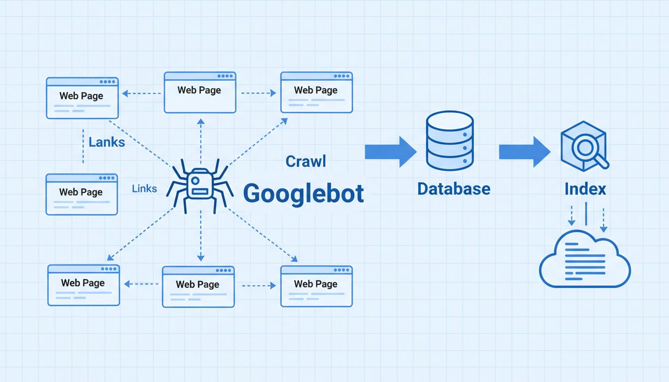 Technical diagram showing Googlebot crawling through interconnected web pages with database indexing and link following