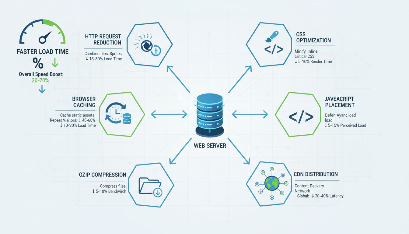 Website speed optimization methods infographic showing HTTP request reduction, image optimization, browser caching, Gzip compression, CSS optimization, JavaScript placement, and CDN distribution techniques