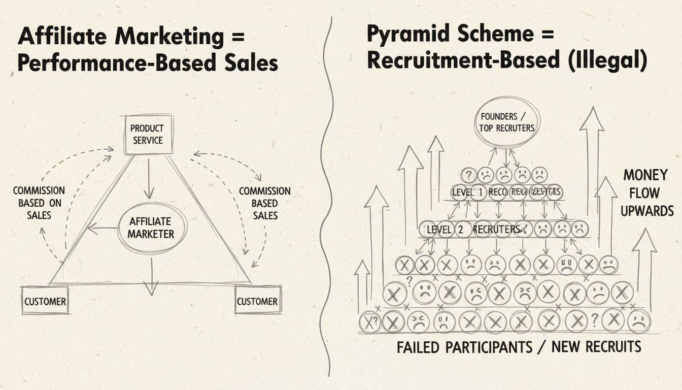 Hand-drawn diagram comparing affiliate marketing vs pyramid scheme structures