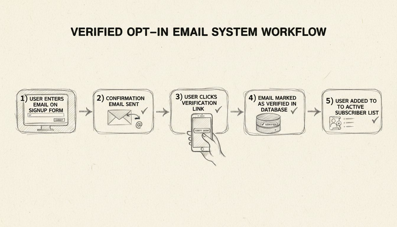 Verified opt-in workflow diagram showing email signup, confirmation email delivery, verification link click, database status update, and subscriber list activation