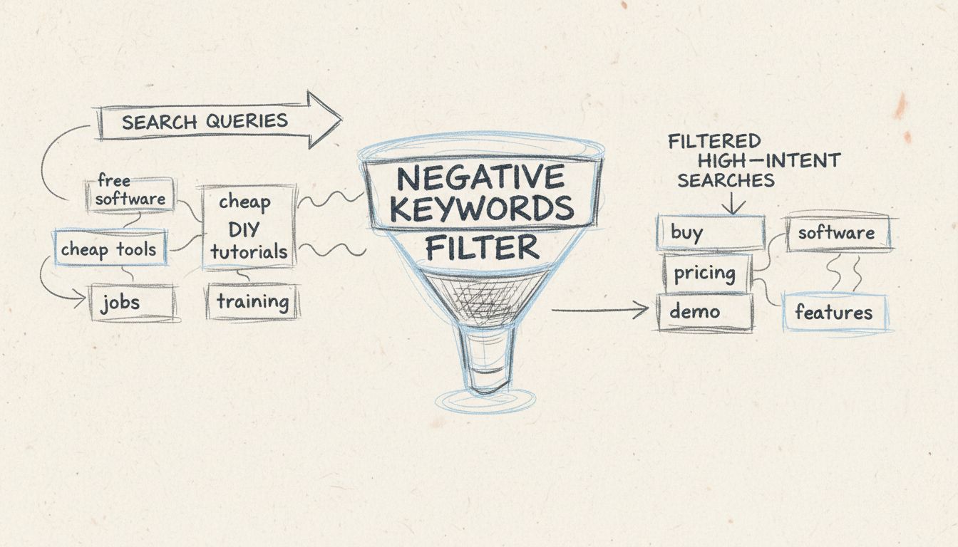 Hand-drawn diagram showing negative keywords filtering process with irrelevant searches on left being filtered through a funnel to show only high-intent relevant searches on right