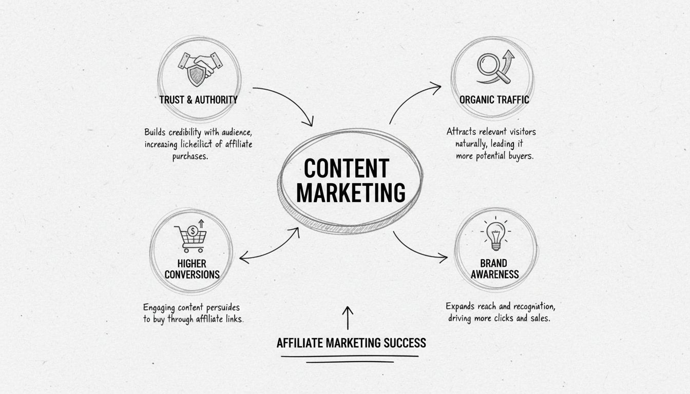Hand-drawn diagram showing content marketing connected to trust, organic traffic, conversions, and brand awareness