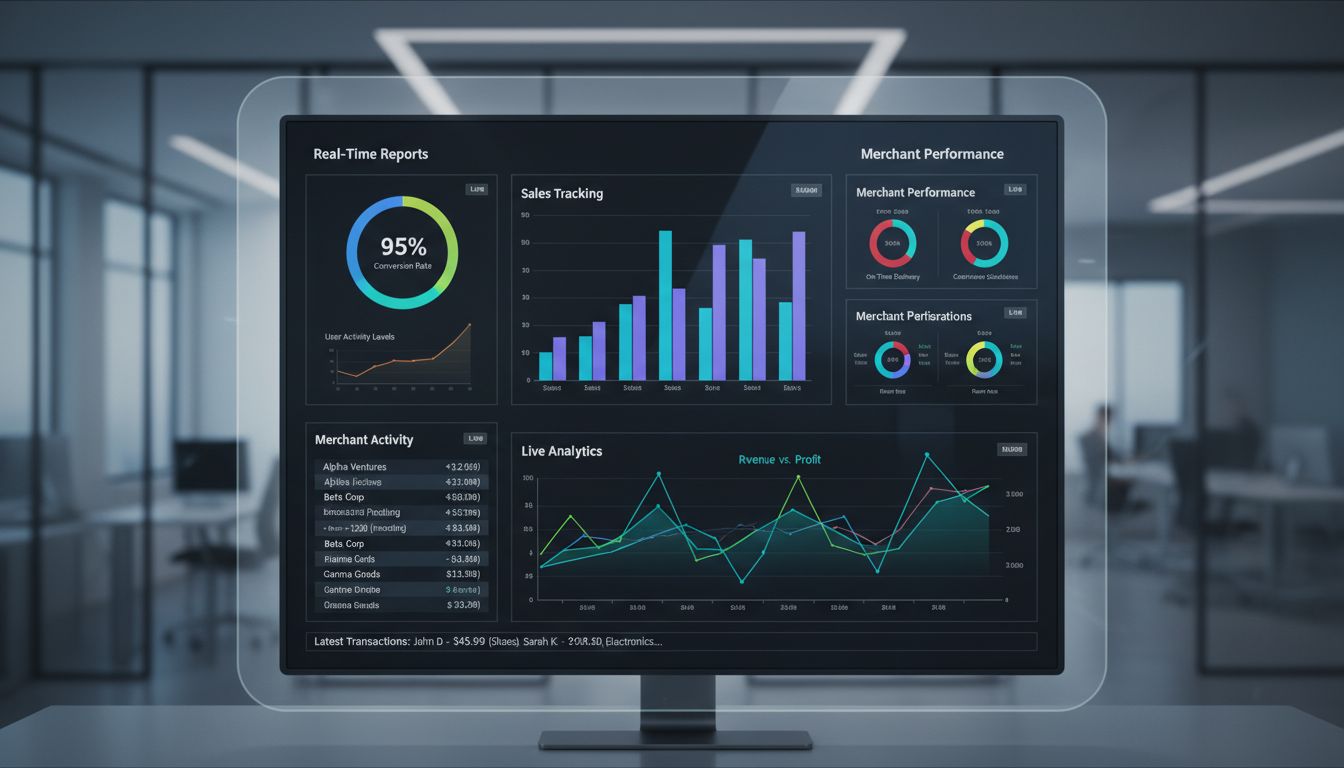 Real-time dashboard showing merchant performance metrics, sales tracking, and live analytics
