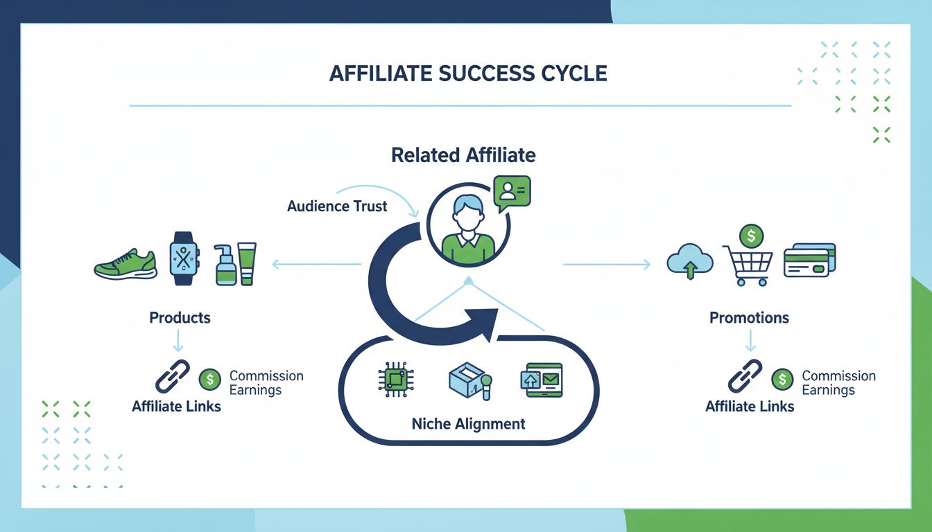 Related Affiliate Marketing Diagram showing niche alignment, audience trust, and commission earnings