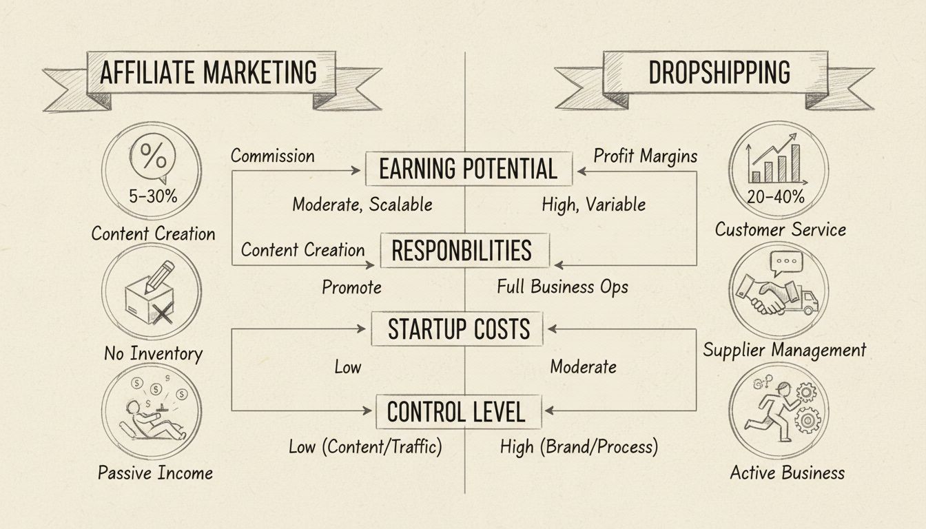 Hand-drawn comparison diagram of affiliate marketing vs dropshipping showing earning potential, responsibilities, and key metrics