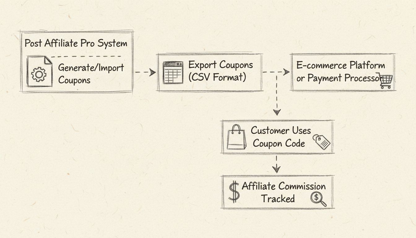 Coupon export workflow diagram showing the process from Post Affiliate Pro through export to e-commerce platform and affiliate commission tracking