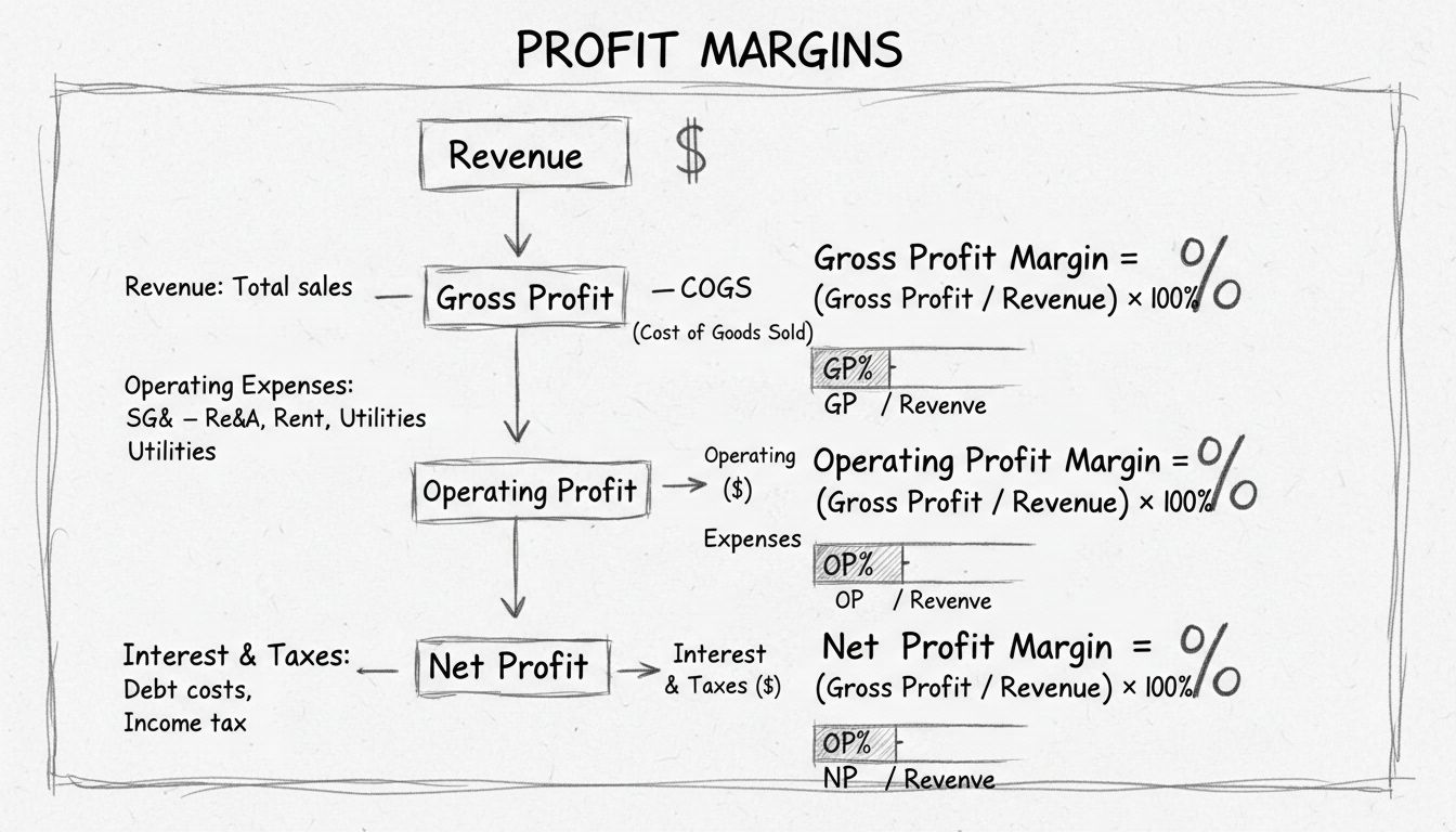 Hand-drawn diagram showing the three types of profit margins with formulas and progression from revenue to net profit