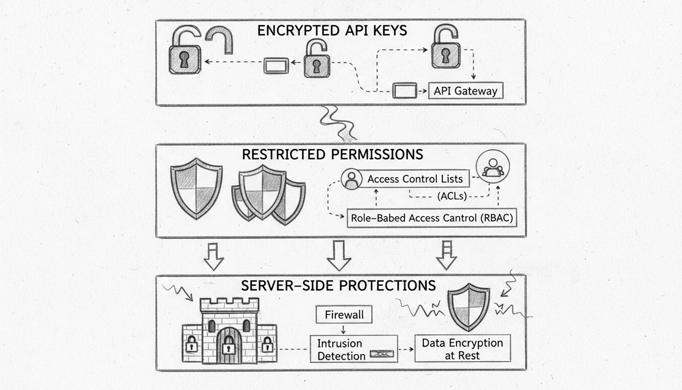Data security architecture diagram showing three layers: encrypted API keys, restricted permissions, and server-side protections with lock icons and shield symbols
