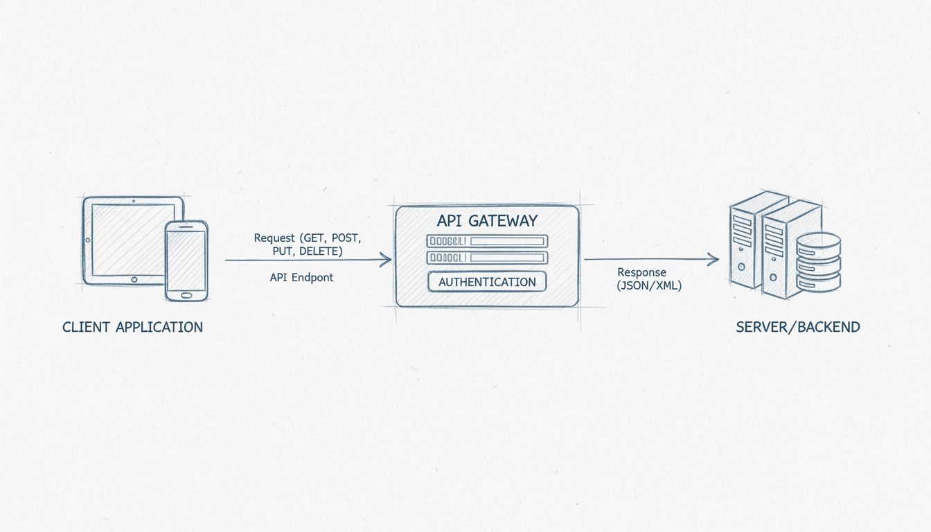 API Architecture Diagram showing Client Application, API Gateway, and Server Backend with Request-Response flow