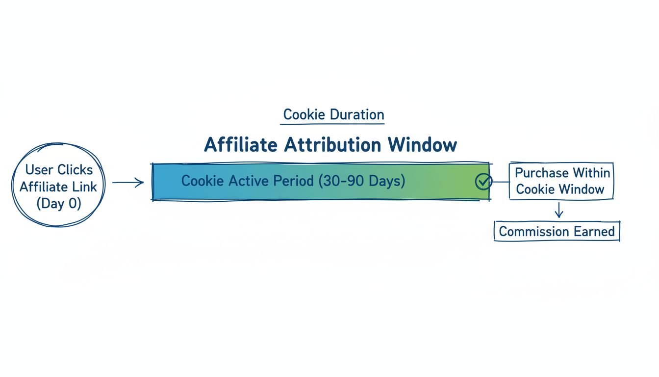 Affiliate cookie lifetime tracking timeline showing user click, cookie duration window, and purchase attribution