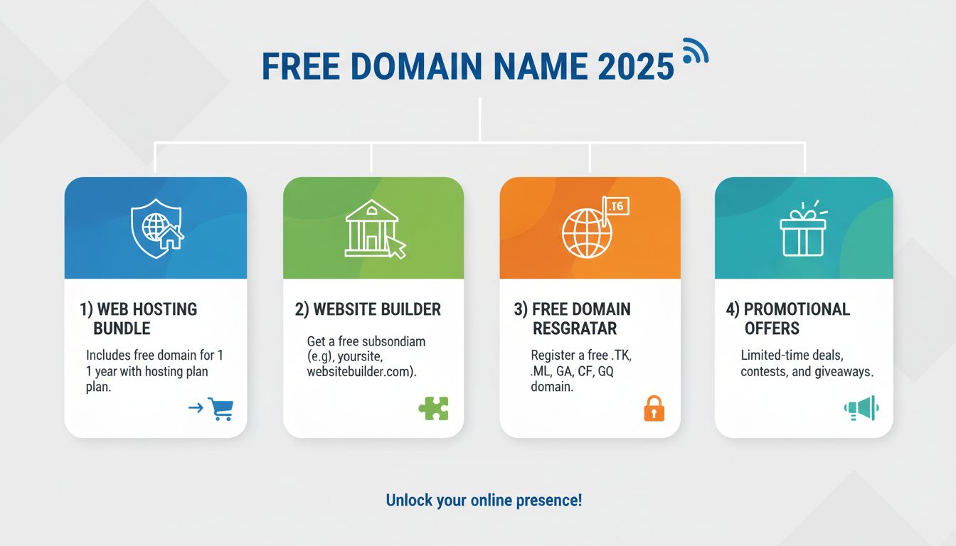 Four methods to get a free domain name: web hosting bundle, website builder, free registrar, and promotional offers