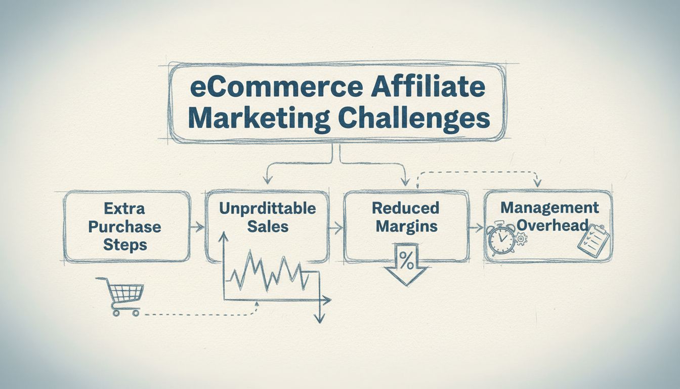 Hand-drawn diagram showing eCommerce affiliate marketing challenges including extra purchase steps, unpredictable sales, reduced margins, and management overhead