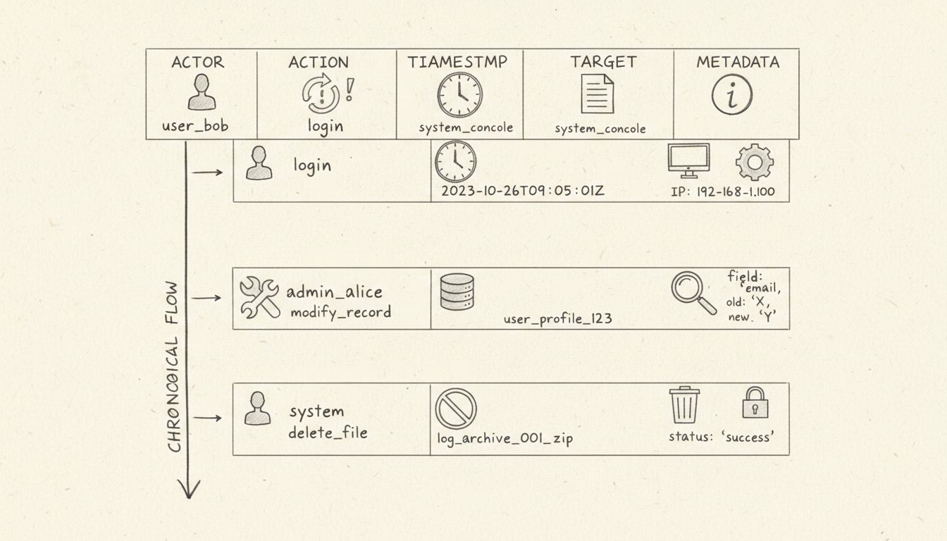 Audit log structure diagram showing Actor, Action, Timestamp, Target, and Metadata components in chronological order