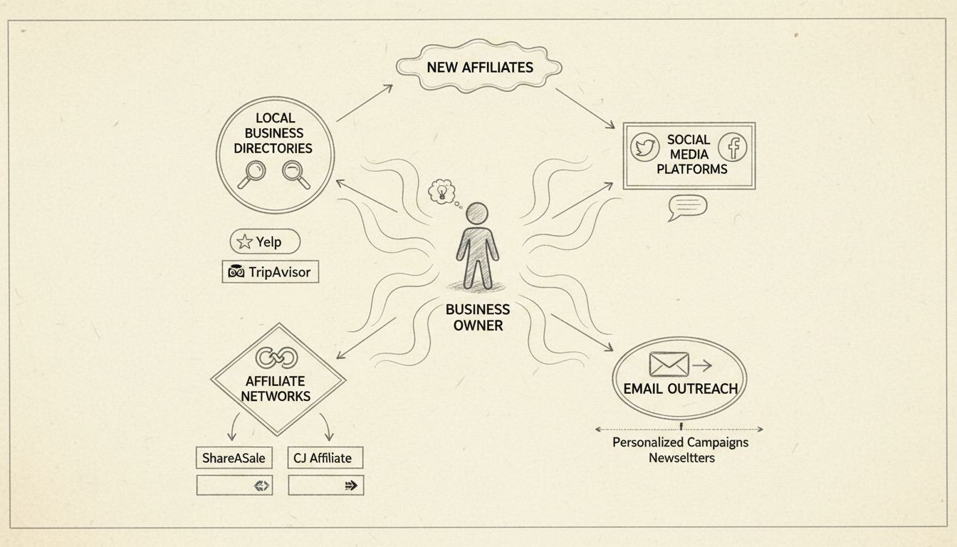 Hand-drawn diagram showing multiple affiliate discovery channels including local directories, social media platforms, affiliate networks, and email outreach