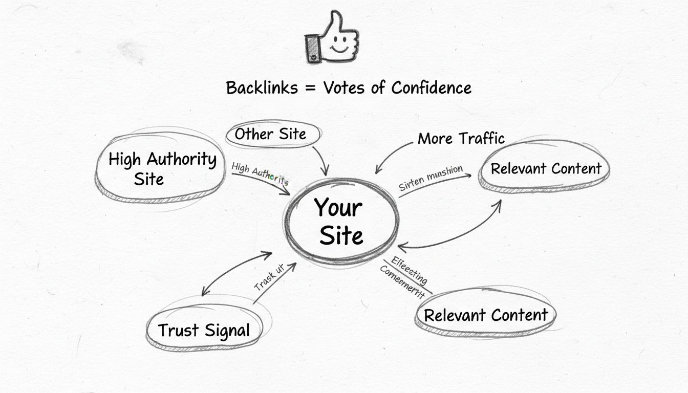 Hand-drawn diagram showing how backlinks work as votes of confidence with multiple websites pointing to a central site